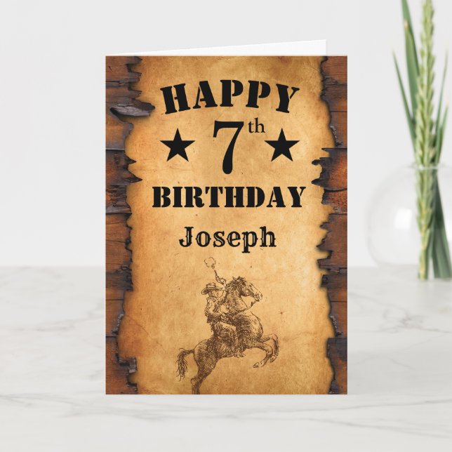 Cartão 7 Birthday Rustic Country Western Cowboy Horse (Frente)