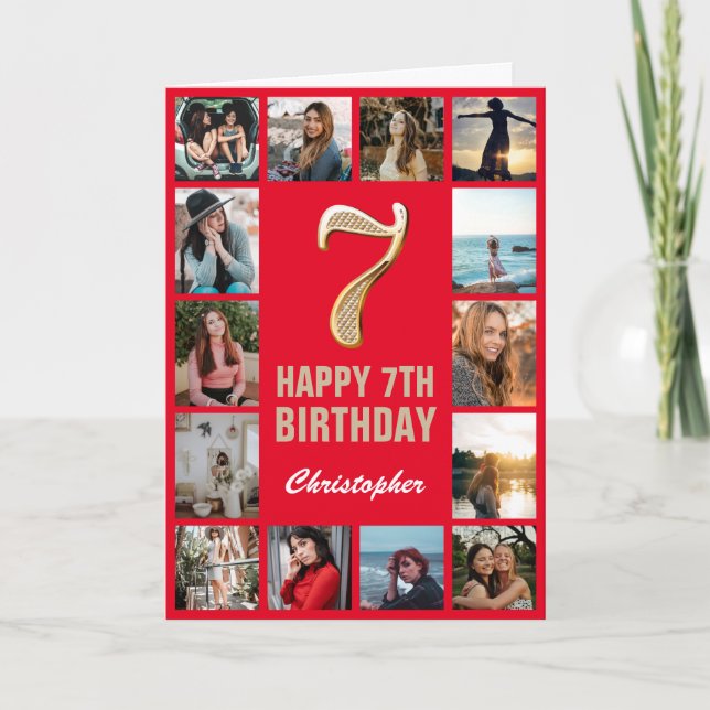 Cartão 7 Happy Birthday Red and Dourado Photo Collage (Frente)
