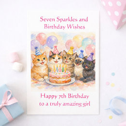 Cartão 7th Birthday Card for Girls Festive Cat Party 