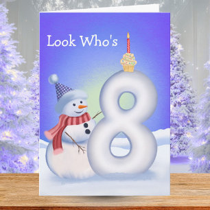 Cartão 8º Aniversário Homem de Neve com um Oito Nevado