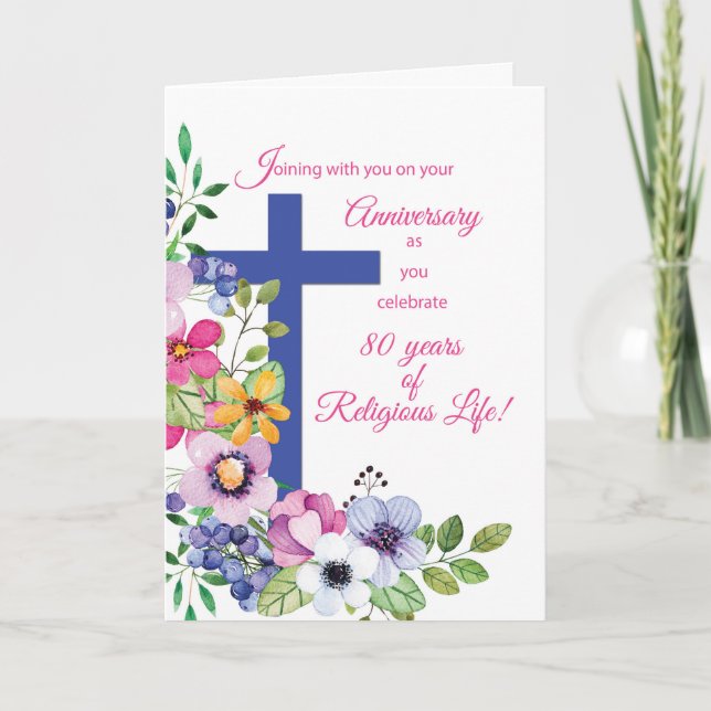 Cartão 80 Aniversário Nun Flores Religiosas da Vida (Frente)