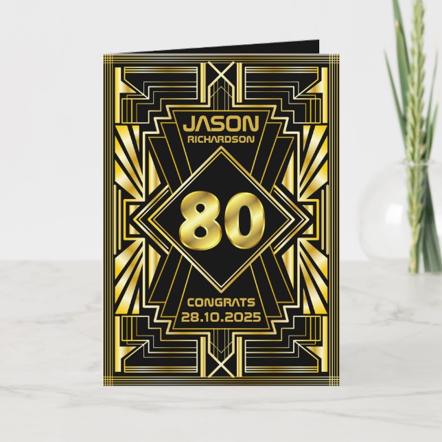 Cartão 80 Birthday Art Deco Dourado Excelente Negro Gatsb (Frente)