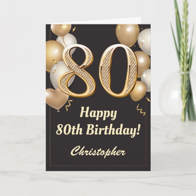 Cartão 80 Birthday Black and Dourado Balloons Confetti (Frente)