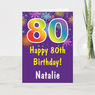 Cartão 80 Birthday Colorous Rainbow Fireworks Purple