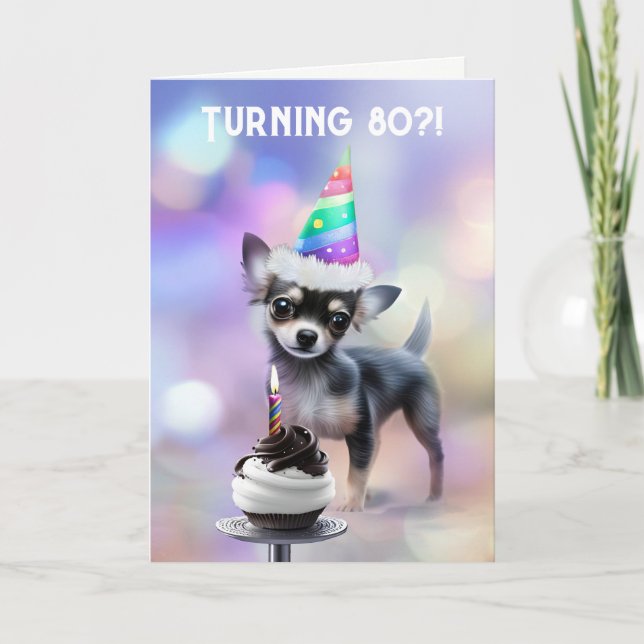 Cartão 80 Birthday, Gato e Pequeno Pup Chihuahua (Frente)