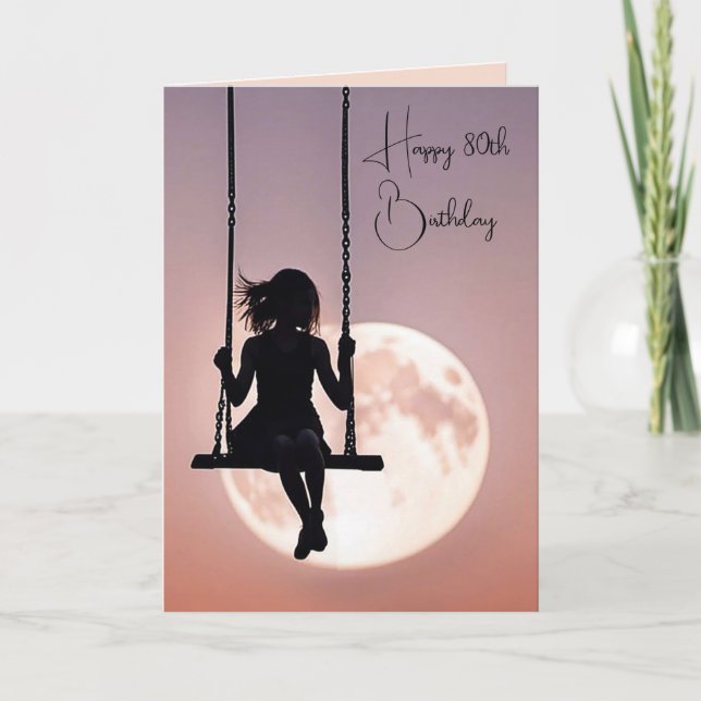 Cartão 80 Birthday Girl On Swing With Moon (Frente)