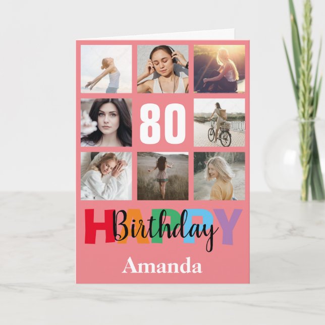 Cartão 80 Happy Birthday Photo Collage Modern Pink Card (Frente)