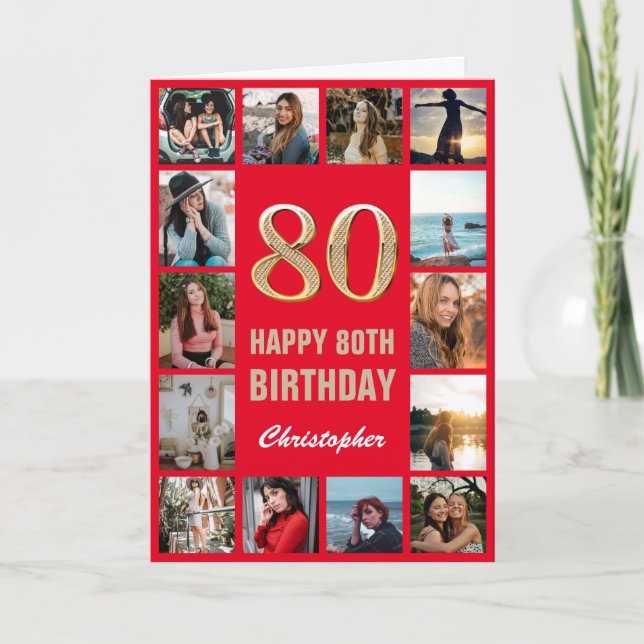 Cartão 80 Happy Birthday Red and Dourado Photo Collage (Frente)