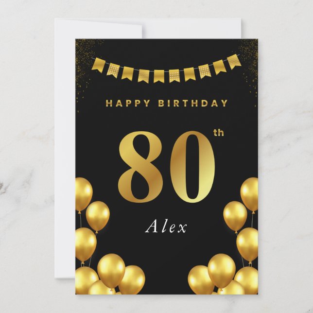 Cartão 80th Birthday Card Black and Gold Balloons (Frente)