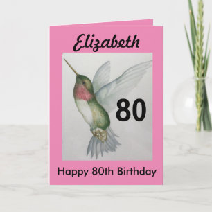 Cartão 80th Birthday Elegant Pink Hummingbird Watercolor