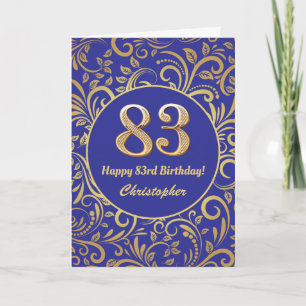 Cartão 83º Aniversário, Marinho Azul e Dourado Padrão Flo