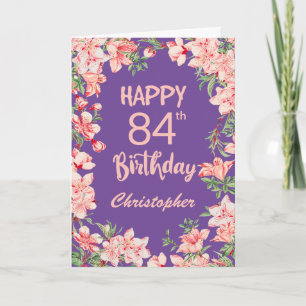 Cartão 84.o Aniversário Púrpura Cor de Água Pêssego Flora