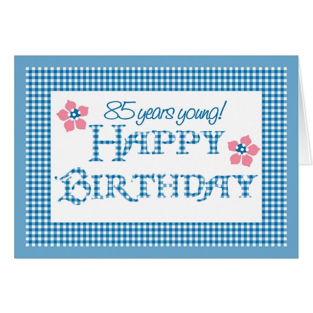 Cartão 85º aniversário, Blue Check Gingham Pattern (Frente Horizontal)