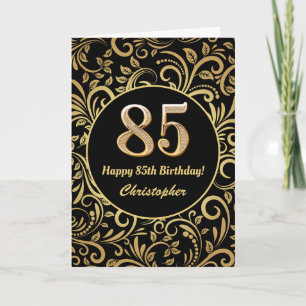 Cartão 85.º aniversário Padrão Floral Dourado e Preto