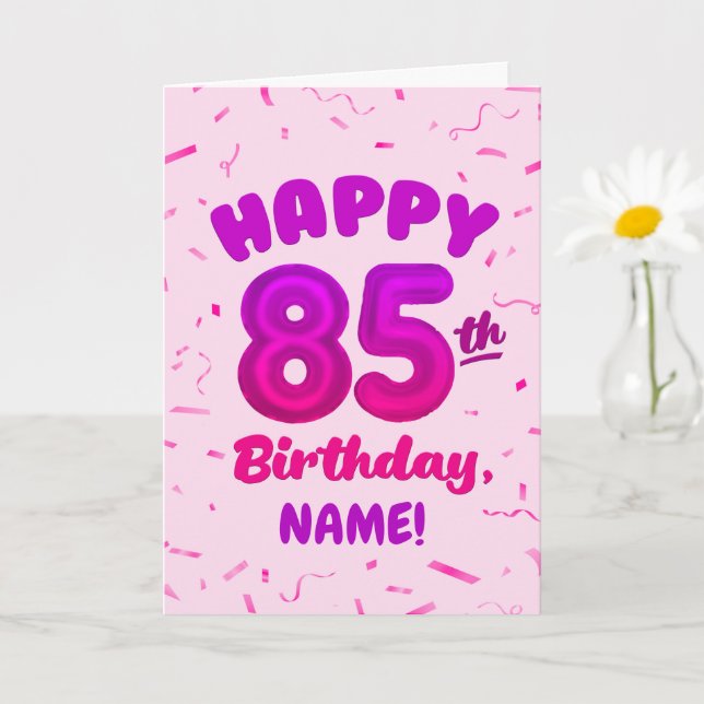 Cartão 85th Balloon Number Custom Name Birthday Card (Planta pequena)