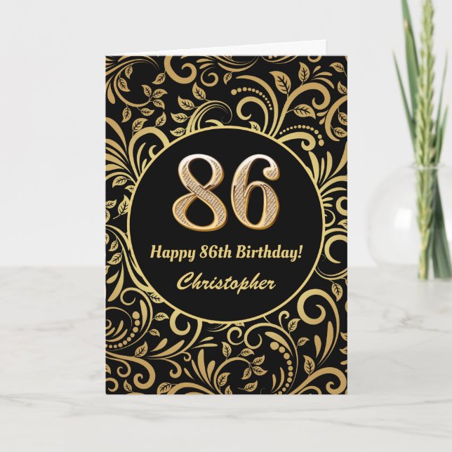 Cartão 86.º Aniversário Padrão Floral Dourado e Preto (Frente)