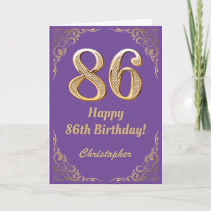 Cartão 86.º aniversário, Roxo e Dourado quadro de brilho