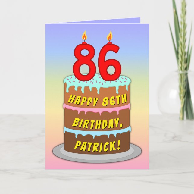 Cartão 86th Birthday — Fun Cake & Candles, w/ Custom Name (Frente)