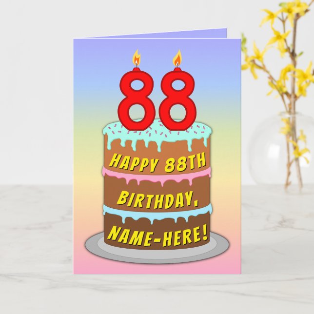 Cartão 88th Birthday — Fun Cake & Candles, w/ Custom Name (Flor Amarela)