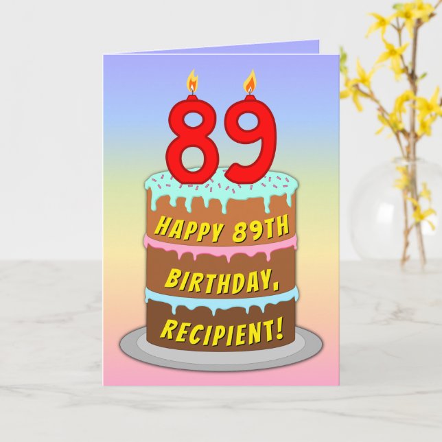 Cartão 89th Birthday — Fun Cake & Candles, w/ Custom Name (Flor Amarela)