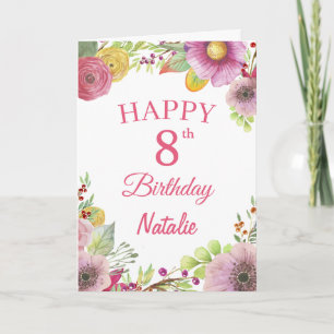 Cartão 8.º Aniversário - Flor Floral de Aquarelas - Cartã
