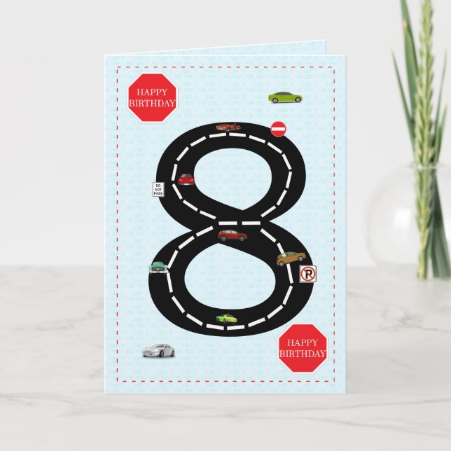 Cartão 8 anos, 8 anos, carros de brinquedos e estrada (Frente)