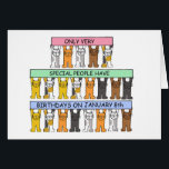 Cartão 8 de janeiro aniversário, gatos bonitos dos<br><div class="desc">Os gatos dos desenhos animados que guardaram o pastel coloriram as bandeiras que dizem que "somente as pessoas muito especiais têm aniversários o 8 de janeiro".</div>