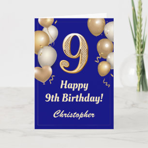 Cartão 9º Aniversário Marinho Azul e Dourado Balões Co