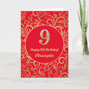 Cartão 9º Aniversário, Vermelho e Dourado Padrão Floral