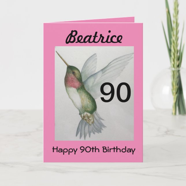 Cartão 90 Birthday Elegant Pink Hummingbird Watercolor (Frente)