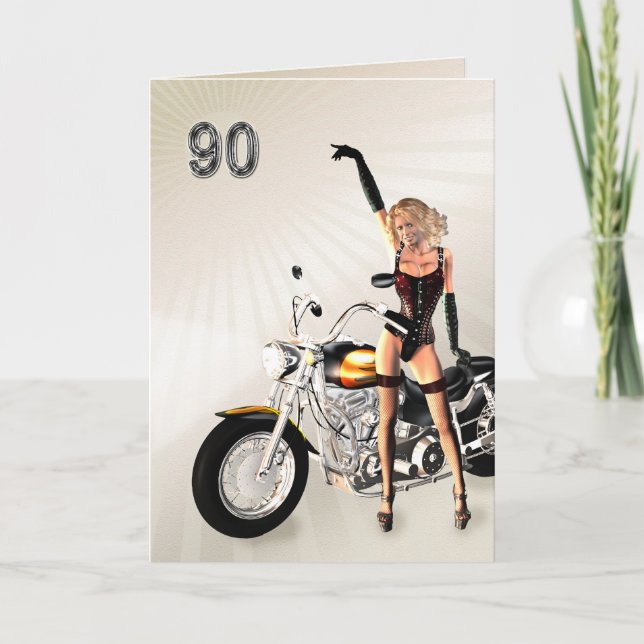 Cartão 90 Birthday, moto e moça (Frente)