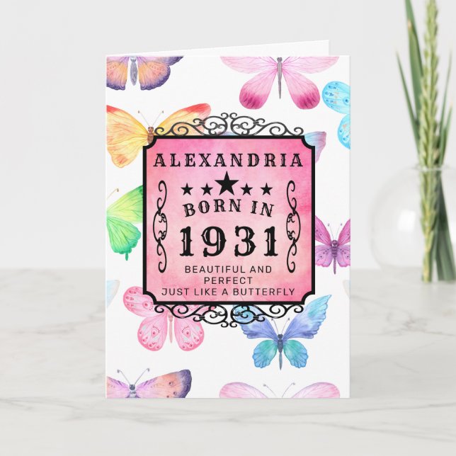 Cartão 90 Birthday Nascer 1931 Pink Watercolor Butterfly (Frente)