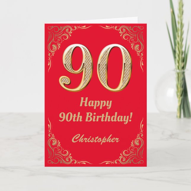 Cartão 90 Birthday Red and Dourado Glitter Frame (Frente)