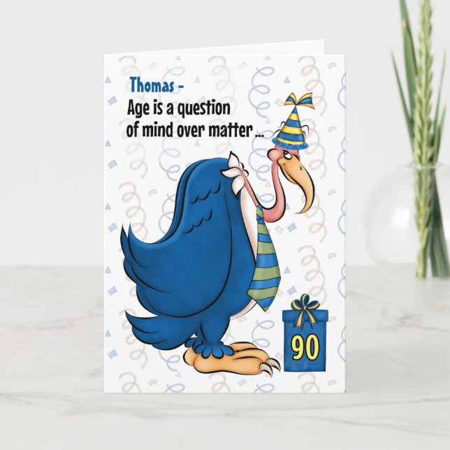 Cartão 90 Funny Birthday Blue Buzzard com nome (Frente)