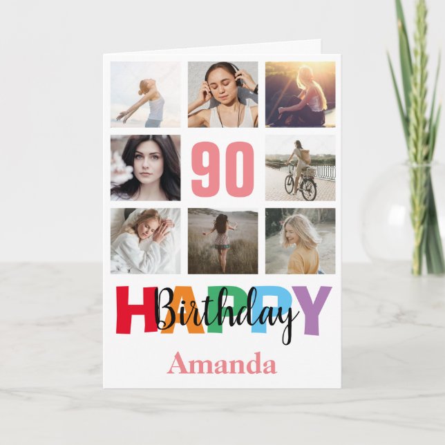 Cartão 90 Happy Birthday Photo Collage Modern Pink Card (Frente)