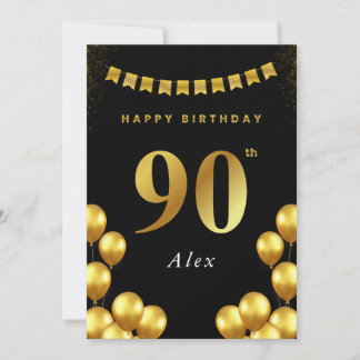 Cartão 90th Birthday Card Black and Gold Balloons
