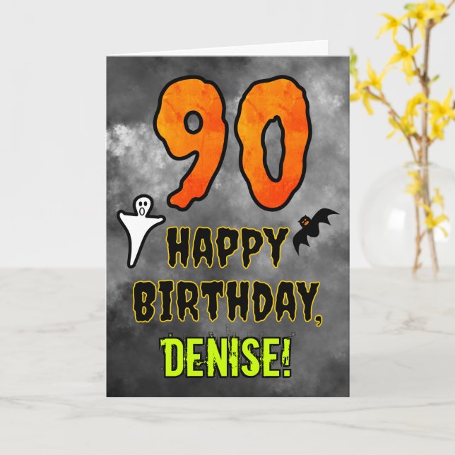 Cartão 90th Birthday: Eerie Halloween Theme + Custom Name (Flor Amarela)