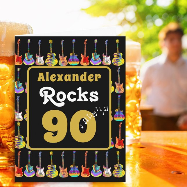 Cartão 90th birthday Retro Groovy Guitar Personalized (Music lovers Guitar 90th birthday personalized name rocks 90 black & gold rock and roll folded card)