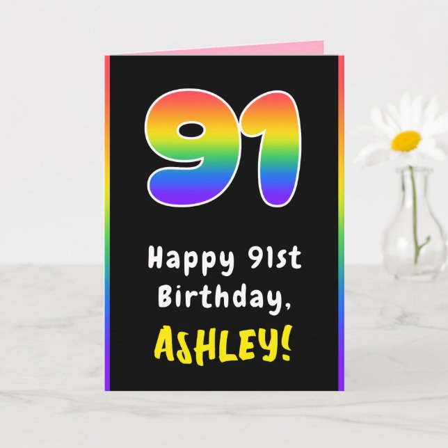 Cartão 91st Birthday: Colorful Rainbow # 91, Custom Name (Planta pequena)