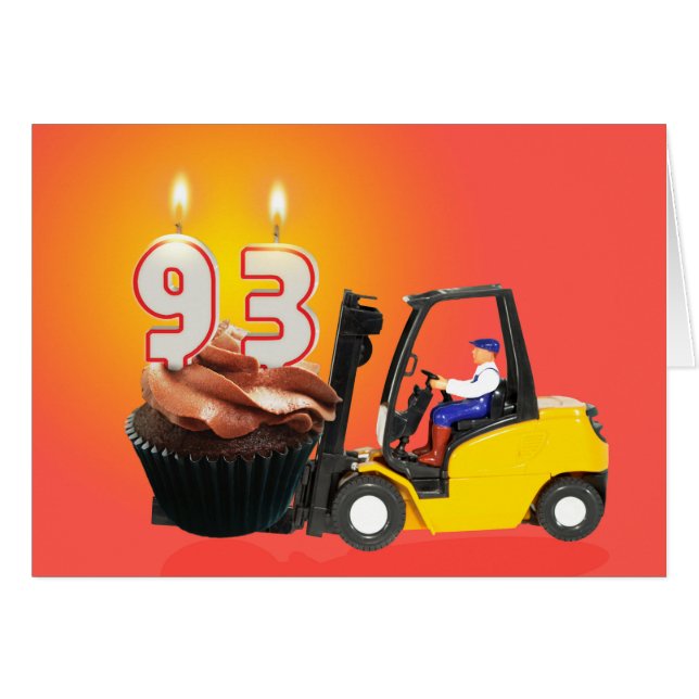 Cartão 93º aniversário com Cupcake, velas e empilhadeira (Frente Horizontal)