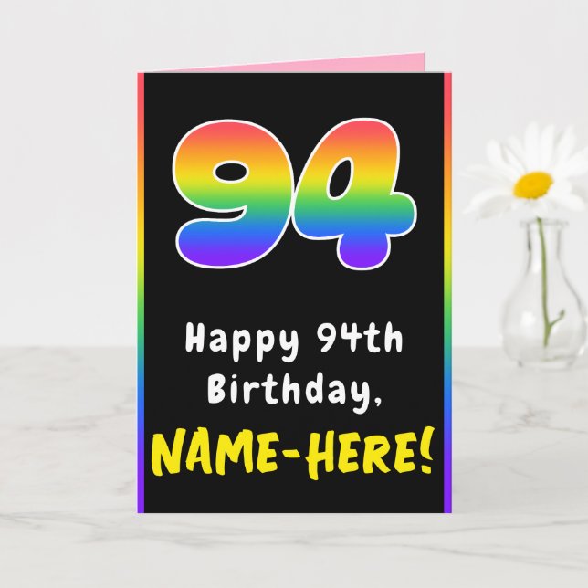 Cartão 94th Birthday: Colorful Rainbow # 94, Custom Name (Planta pequena)