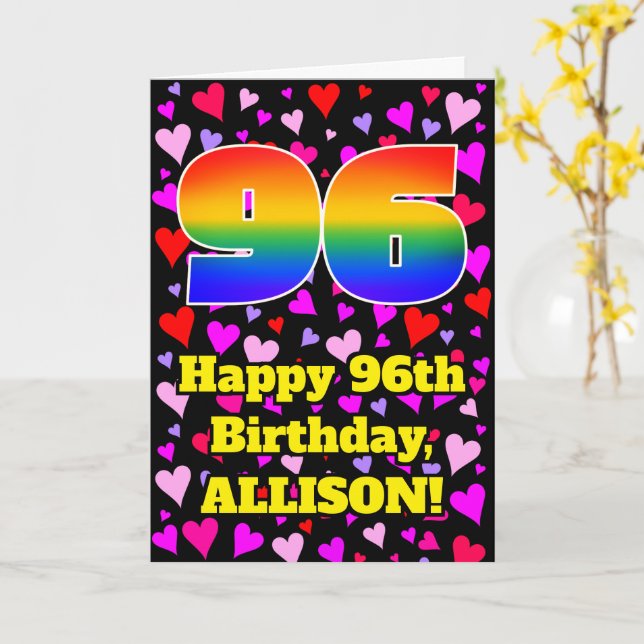Cartão 96th Birthday: Loving Hearts Pattern, Rainbow # 96 (Flor Amarela)