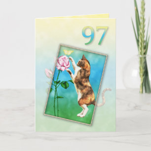 Cartão 97º Aniversário com um gato brincalhão