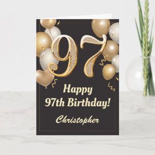 Cartão 97.º aniversário Balões Negros e Dourados Confetti