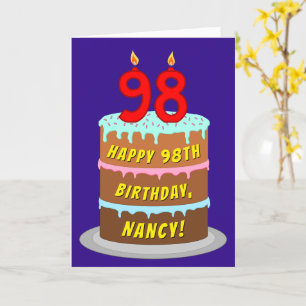 Cartão 98.º aniversário: Bolo e Velas Divertidas + Nome P