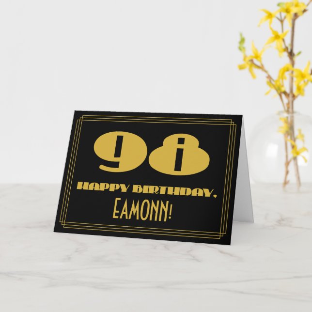 Cartão 98.º aniversário: Nome + Art Deco Inspiraram "98" (Flor Amarela)