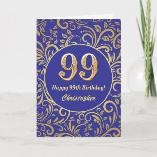 Cartão 99º Aniversário Marinho Azul e Dourado Padrão Flor