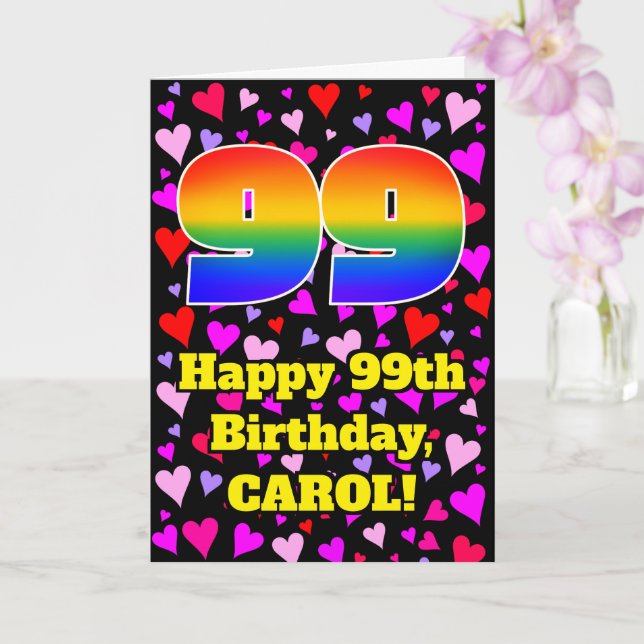 Cartão 99th Birthday: Loving Hearts Pattern, Rainbow # 99 (Orquídea)