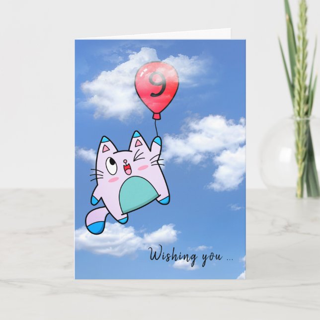 Cartão 9.º Aniversário do Gato e do Balão (Frente)