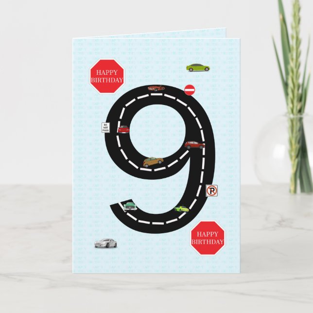 Cartão 9 anos, 9º aniversário, carros de brinquedos e est (Frente)